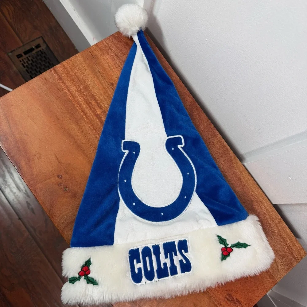 Indianapolis Colts Christmas Santa‎ Hat Blue White Horseshoe Logo Holly